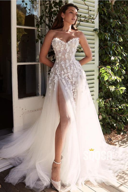 A-Line Strapless Applique Illuison Tulle Boho Wedding Dress Bridal Gown QW8019