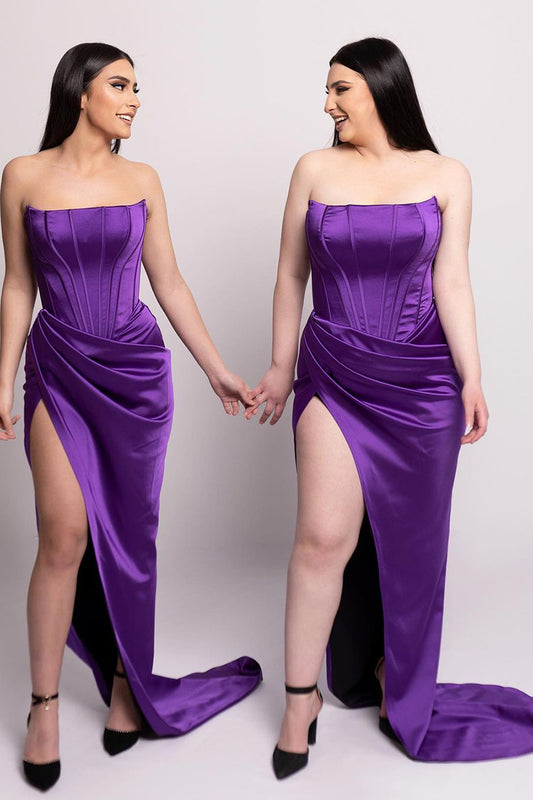Sheath Strapless Satin Pleated Side Slit Purple Bridesmaid Dress Plus Size QB3075