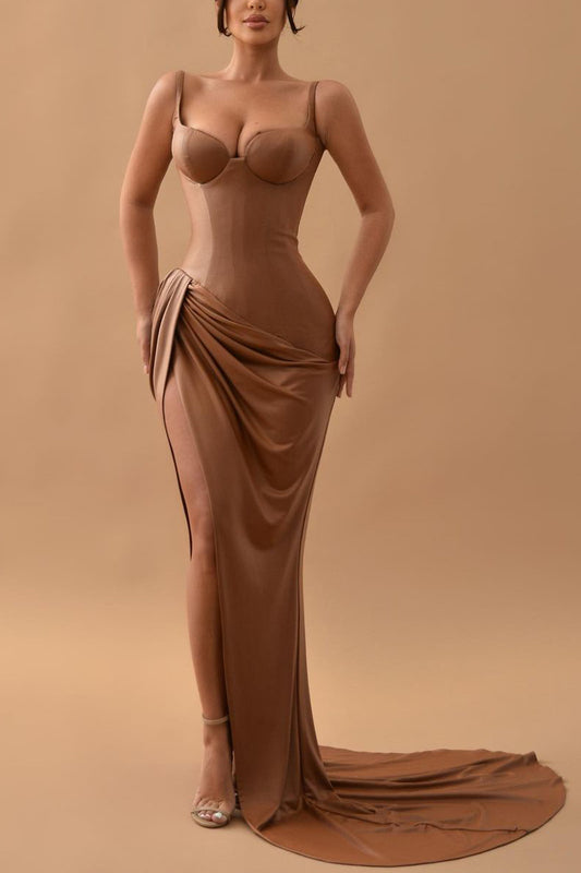 Spaghetti Straps High Split Mermaid Bridesmaid Dress Long Prom Dress QB3072