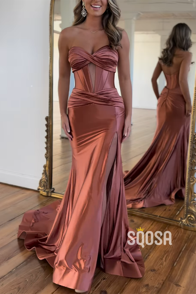 Satin Trumpet Sweetheart Empire Ruched Illusion With Side Slit Party Prom Dress  QP2737