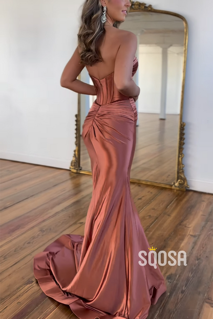 Satin Trumpet Sweetheart Empire Ruched Illusion With Side Slit Party Prom Dress  QP2737