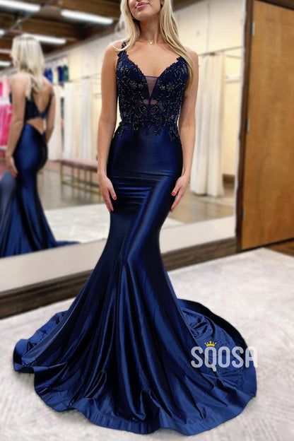 Trumpet V-Neck Beaded Lace Applique With Train Long Formal Dress QP2678