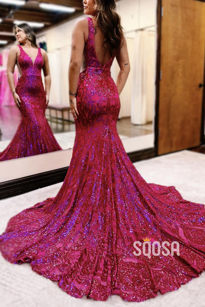 Mermaid V-Neck Straps Sequined Appliques With Train Long Formal Prom Dress QP2614