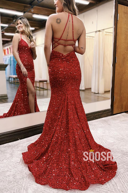 Sexy Trumpet Fully Sequined V-Neck Spaghetti Straps With Side Slit Formal Prom Evening Gowns QP2246