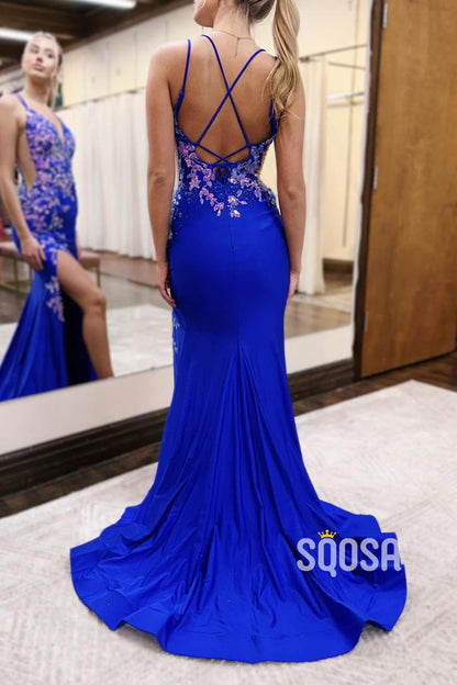 Fitted V-Neck Spaghetti Straps Appliques With Side Slit Long Prom Party Dress QP2087
