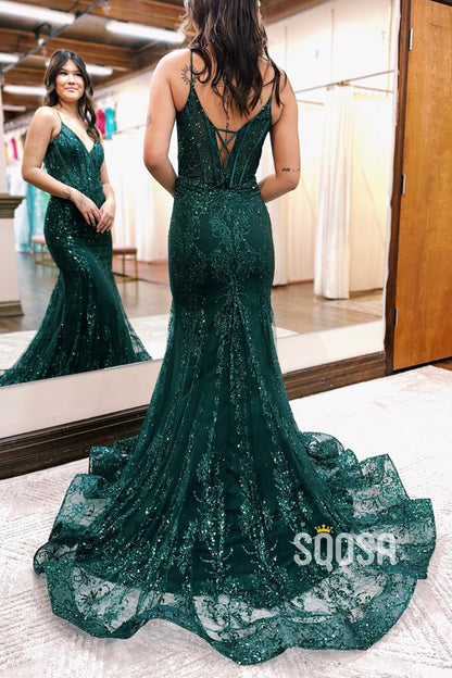 Sexy Trumpet V-Neck Spaghetti Straps Sequined Lace Applique Prom Dress Formal Evening Gown QP2634