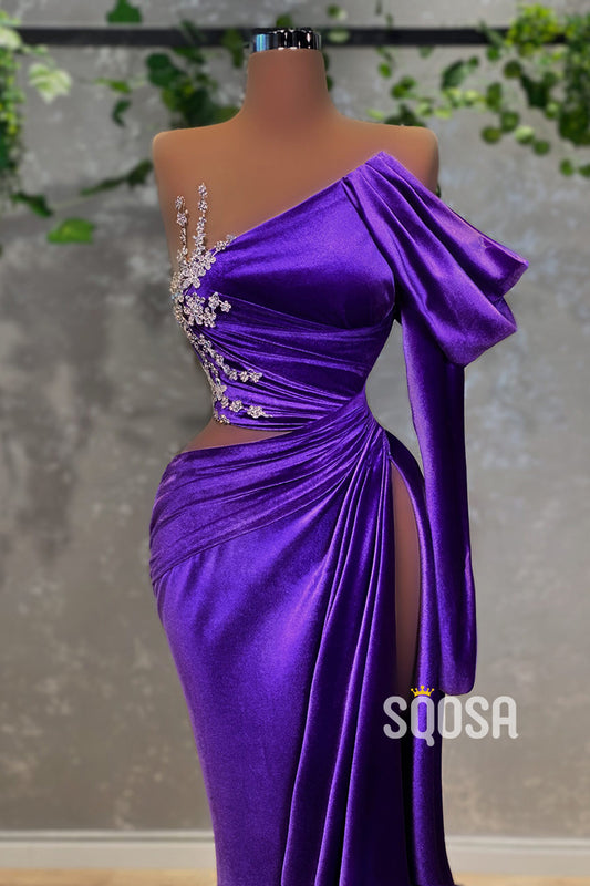 Purple Velvet Beaded One Shoulde Long Prom Dress With Slit Evening Gowns QP3180