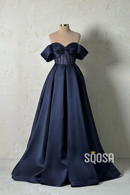 A-line Off-Shoulder Satin Sheer Lace Long Prom Formal Dress QP2623