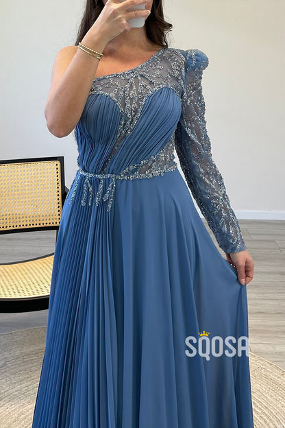 A-Line One Shoulder Beaded Long Sleeves Formal Evening Dress with Train QP1148