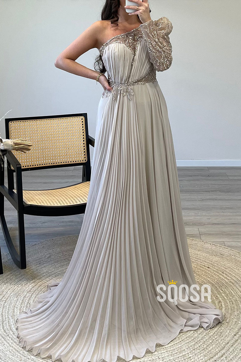 A-Line One Shoulder Beaded Long Sleeves Formal Evening Dress with Train QP1148