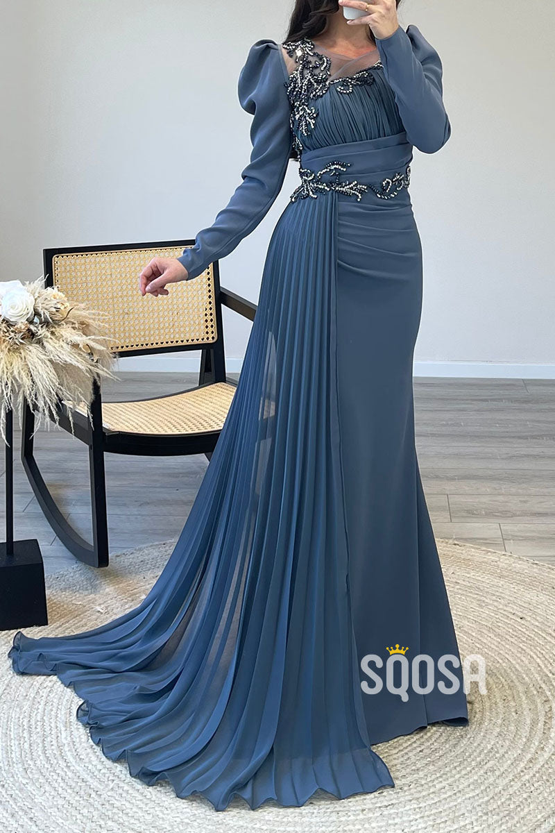 Unique Beaded Round A-Line Chiffon Dusty Blue Long Prom Dress Evening Gown QP0909