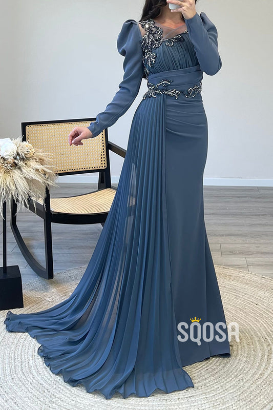 Unique Beaded Round A-Line Chiffon Dusty Blue Long Prom Dress Evening Gown QP0909
