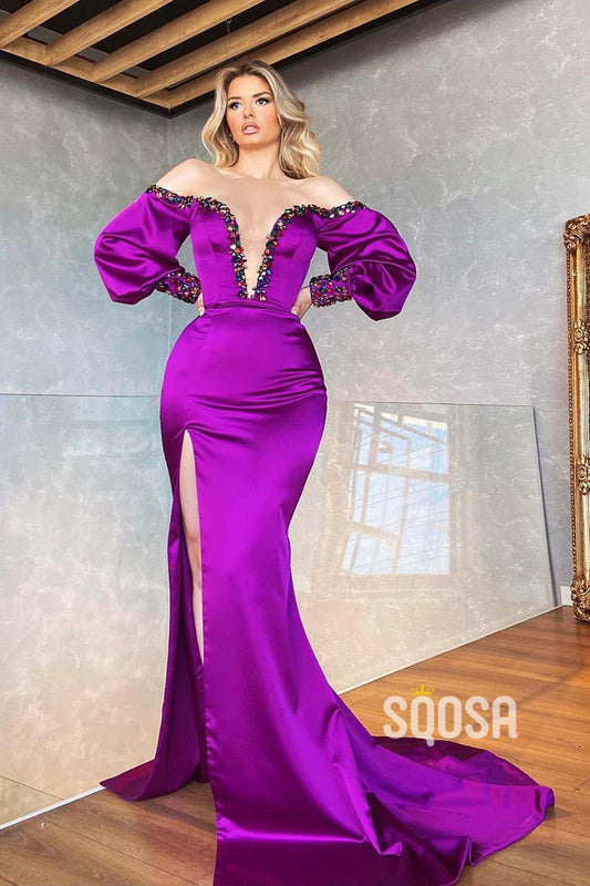 Chic & Modern V-Neck Beaded Long Sleeeves Purple Prom Dress with Slit QP2862
