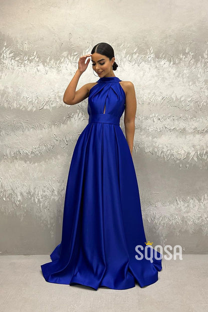A-Line Halter Royal Blue Satin Simple Long Prom Evening Dress QP2755
