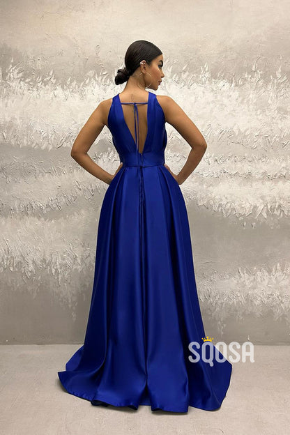 A-Line Halter Royal Blue Satin Simple Long Prom Evening Dress QP2755