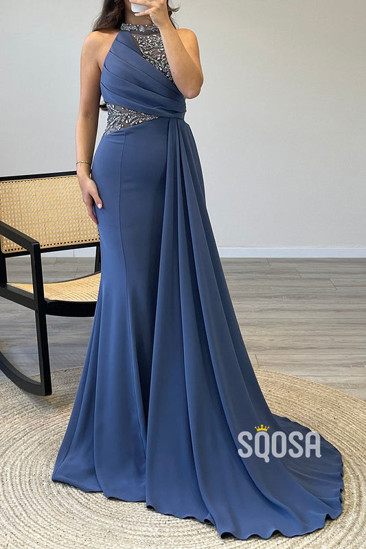 High Neck Beaded PLeast Off-Shoulder Long Prom Evening Dress With Train QP1152