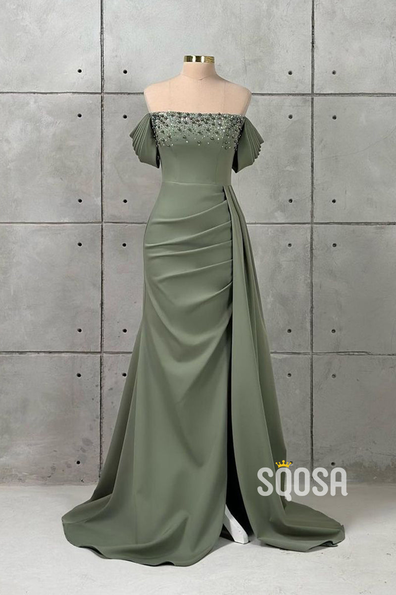 Chic & Modern Off-Shoulder Beaded Satin Long Prom Evening Dress QP2607