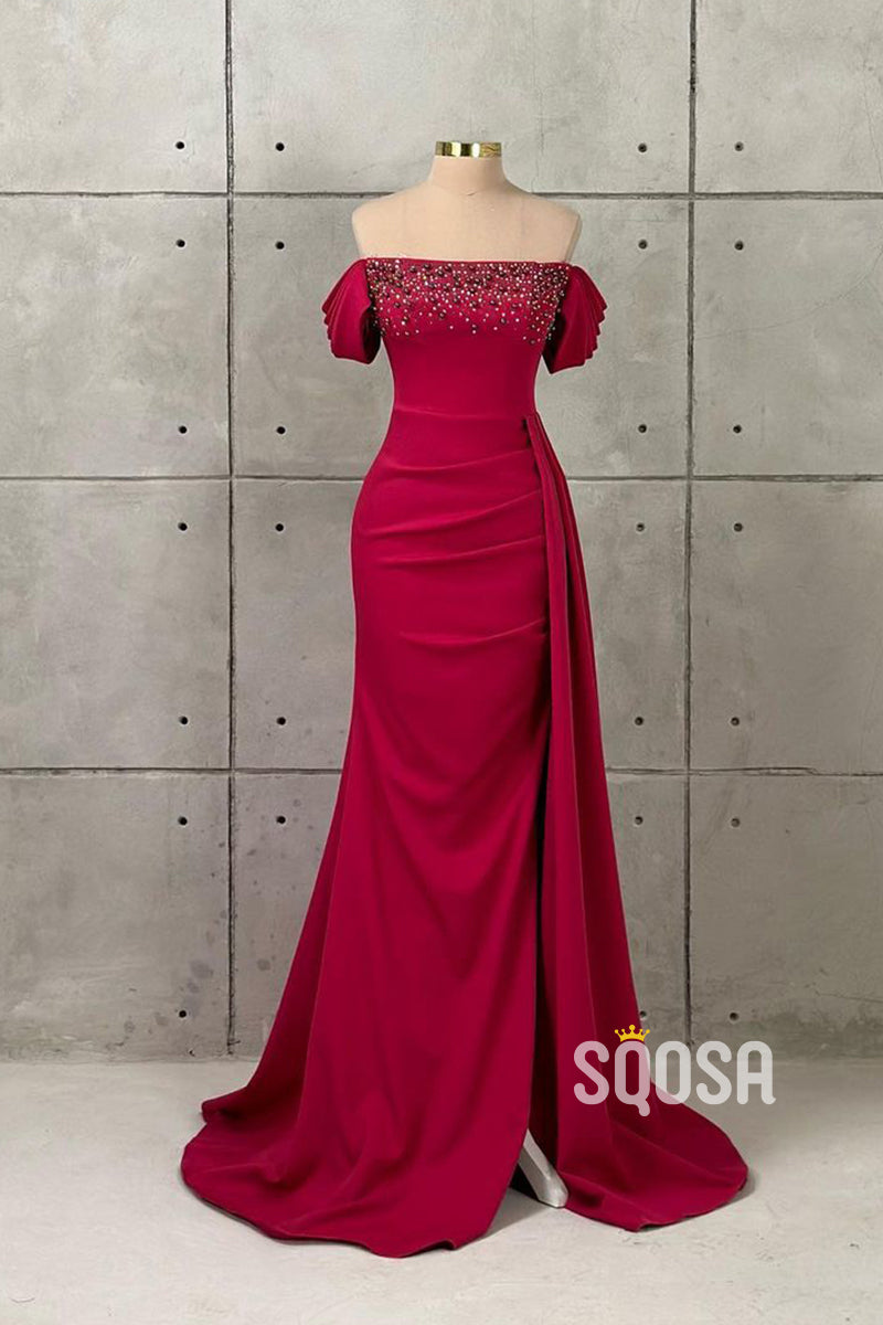Chic & Modern Off-Shoulder Beaded Satin Long Prom Evening Dress QP2607