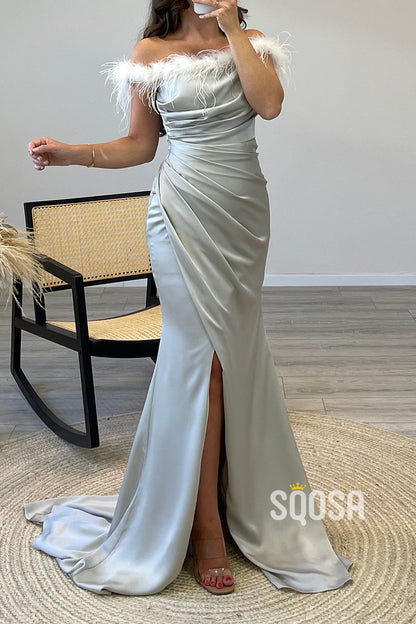 Sheath/Column Off-Shoulder Feather Saitn Long Prom Evening Dress QP1190