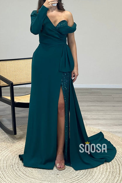 Sexy One Shoulder Beaded A-Line Long Prom Dress Ecvening Gown Party Dress QP1109