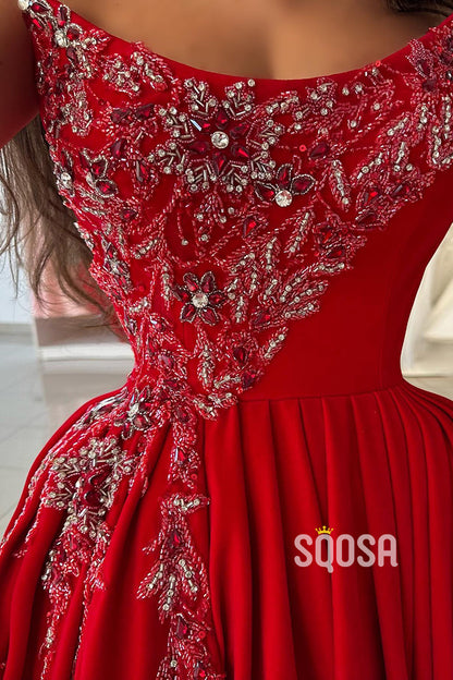 A-line Strapless Beaded Red Long Prom Dress Formal Evening Gowns QP1433