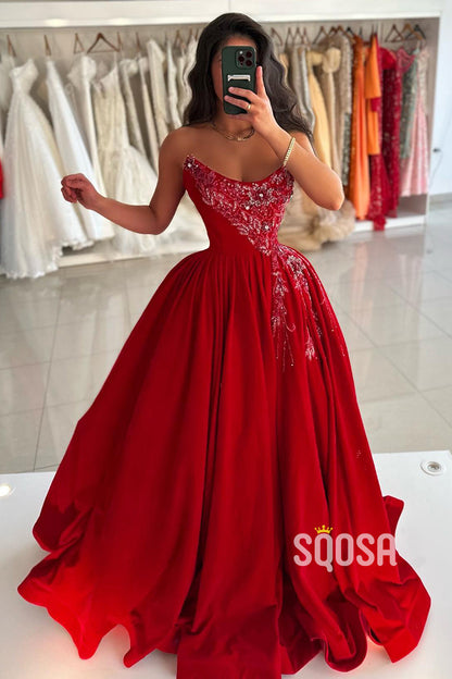 A-line Strapless Beaded Red Long Prom Dress Formal Evening Gowns QP1433