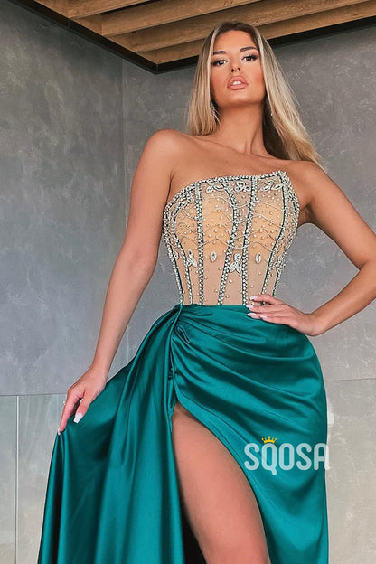 Unique Strapless Beaded Sheer Green Long Prom Dress With Split QP2939