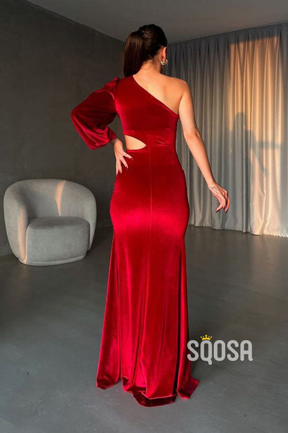 Sheath/Column Burgundy One Shoulder Velvet Long Prom Evening Dress QP2520