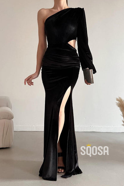 One Shoulder Long Sleeves Black Velvet Long Prom Dress With Slit QP2540