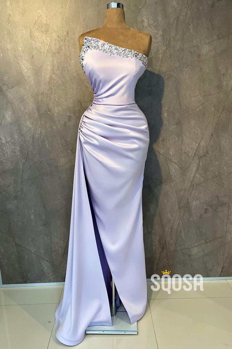 Chic & Modern Lilac Sheath Strapless Beaded Pleats Prom Evening Dress QP1410