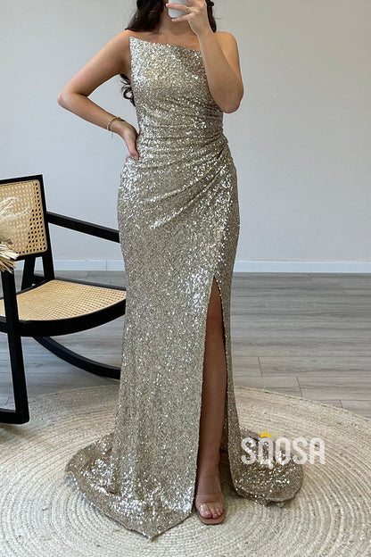 Sheath/Column Strapless Sequins Pleats Long Prom Dress Evening Gown QP0906