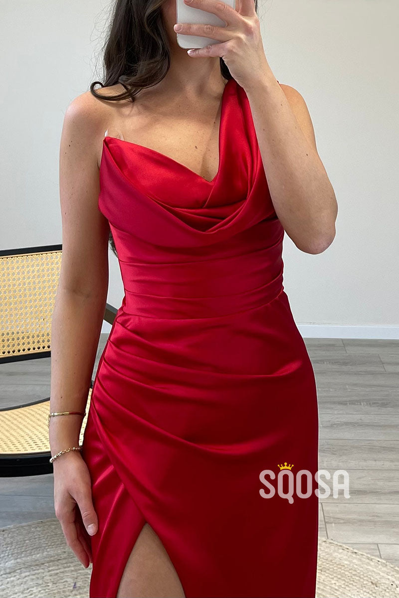 Sheath/Column One Shoulder Pleast Red Long Prom Dress Evening Gown QP0824