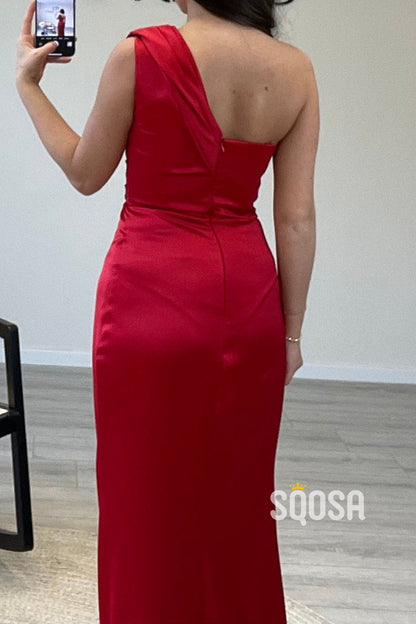 Sheath/Column One Shoulder Pleast Red Long Prom Dress Evening Gown QP0824