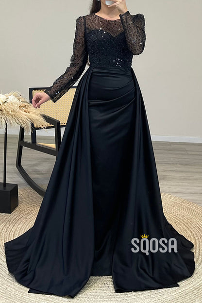 A-Line Beaded Illusion Strapless Satin Long Sleeves Prom Dress Evening Gown QP0863
