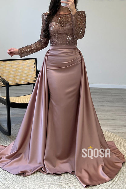 A-Line Beaded Illusion Strapless Satin Long Sleeves Prom Dress Evening Gown QP0863