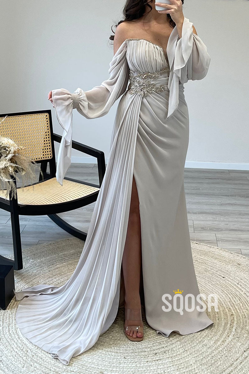 Off-Shoulder Beaded Chiffon Long Sleeves Prom Dress with Sweep Train QP1146