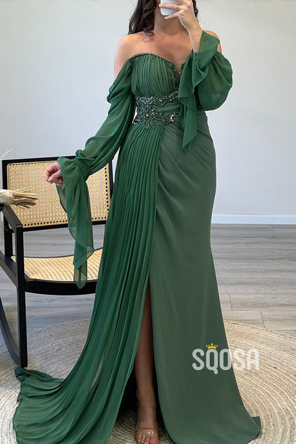 Off-Shoulder Beaded Chiffon Long Sleeves Prom Dress with Sweep Train QP1146