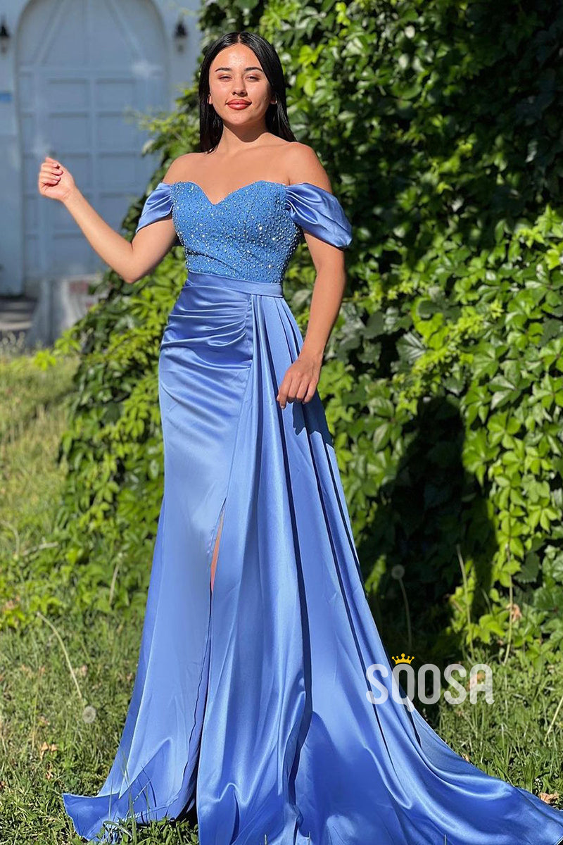 Off-Shoulder Beaded Pleats Blue Slit Satin Long Gown Prom Dress QP2789