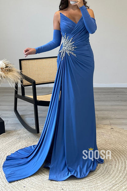 Chic V-Neck Strapless Beaded Pleats Blue Long Prom Dress Evening Gown QP0953