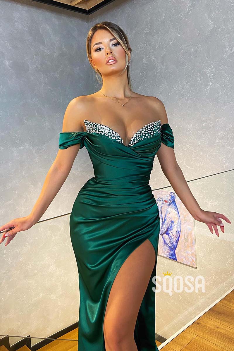 Chic & Modern Off-Shoulder Beaded Pleats Green Long Prom Formal Dress QP2847