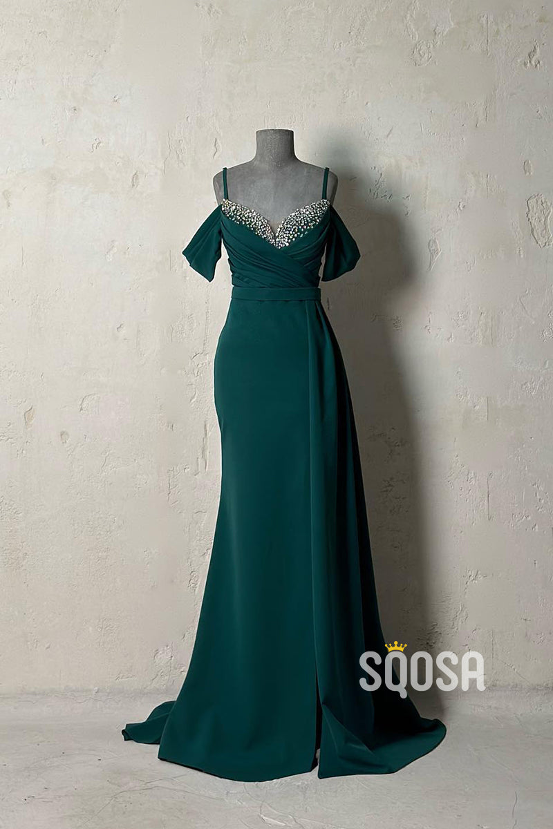 Sheath/ColumnOff-Shoulder Straps Beaded Pleats Formal Evening Dress QP2636