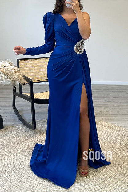 A-Line V-Neck Straps Beaded Long Sleeves Satin Long Prom Dress Evening Gown QP0922