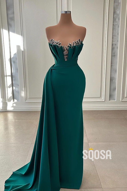 Sheath/Column Green Beaded Strapless Long Prom Dress Evening Gowns QP2817