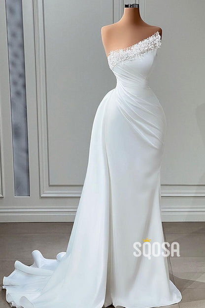Sheath Strapless Beaded Pleats Prom Dress Evening Wedding Dress QP2357