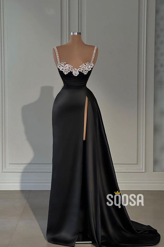 Attractive Beaded Spaghetti Straps Long Prom Dress With Slit Evening Gowns QP3072