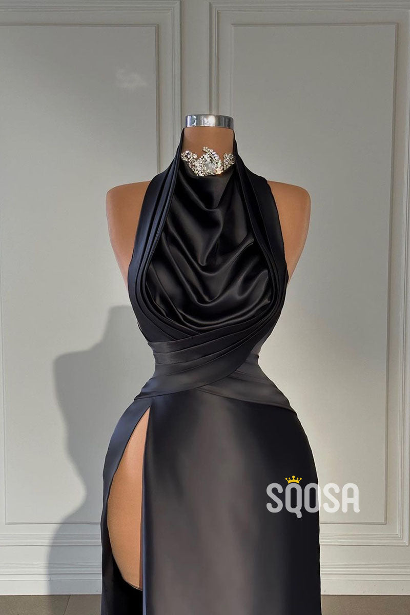 Attractive High Neck Beads Pleats Long Prom Dress With Slit Evening Gowns QP2990