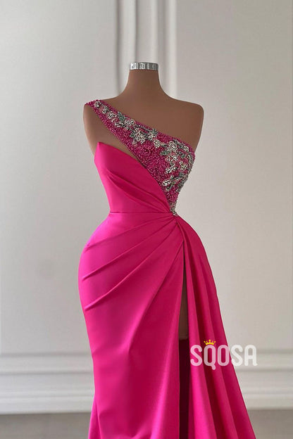 Beaded One Shoulde Pink Satin Pleats Long Prom Dress With Slit Evening Gowns QP3071