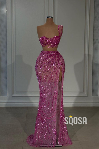 Chic Sheath One Shoulder Two-Piece Sequins Pink Prom Dress Evening Gown QP2807