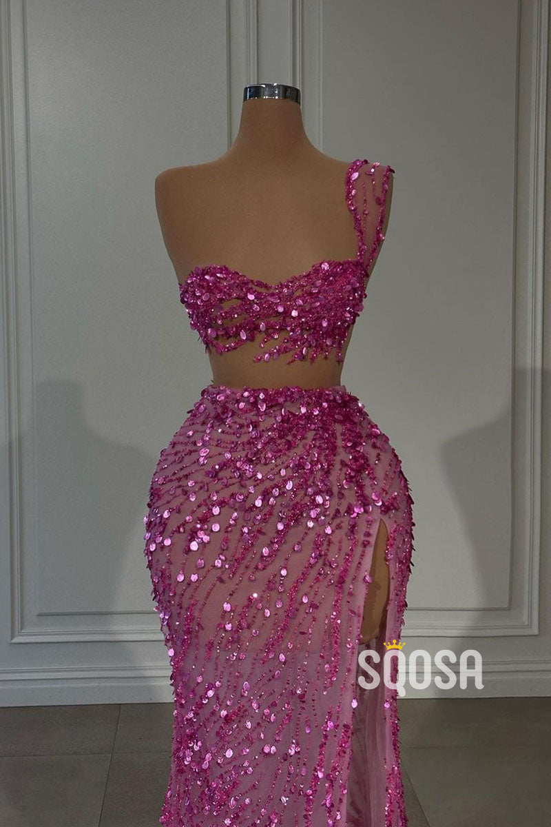 Chic Sheath One Shoulder Two-Piece Sequins Pink Prom Dress Evening Gown QP2807