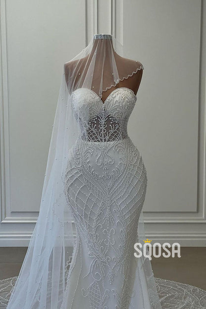 Sheath Mermaid Strapless Satin Bedaed White Long Prom Dress Wedding Dress QP2818